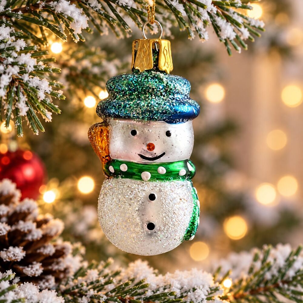 Vintage Mercury Glass Snowman Christmas Ornament 2" Miniature Glitter Green